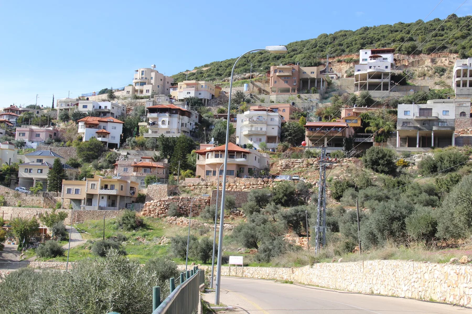 Houses of several storeys climbing a steep hillside in Ein al-Asad, above a curving road with a stone wall and olive trees.