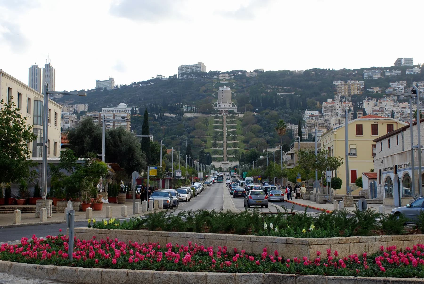 Ben Gurion Avenue in the German Colony, rising to the Baha'i terraces on Mount Carmel