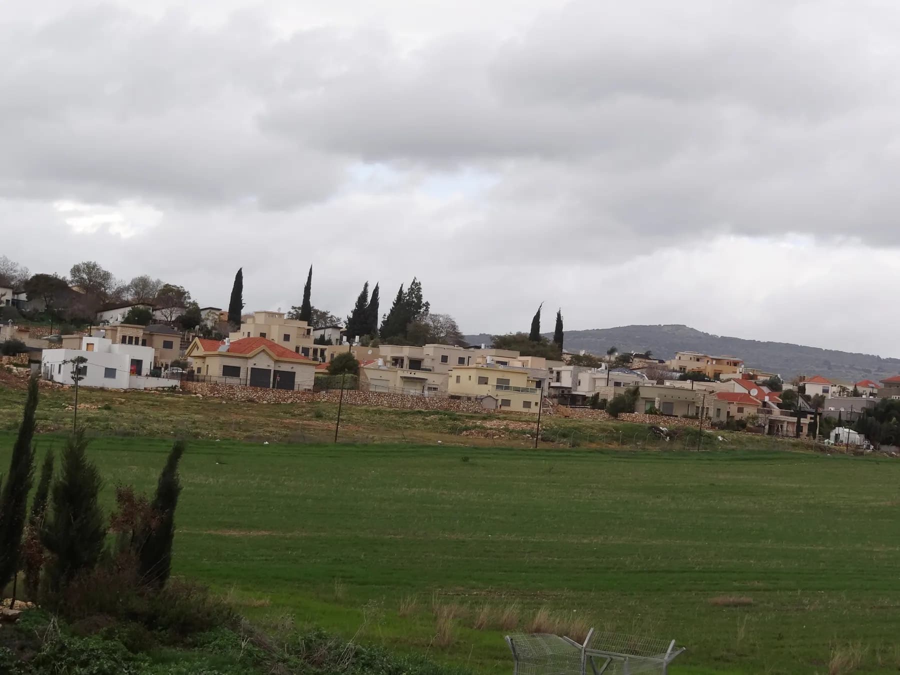 Houses of Hanaton with tall cypresses on a low rise across a green field, with a ridge behind under a cloudy sky.