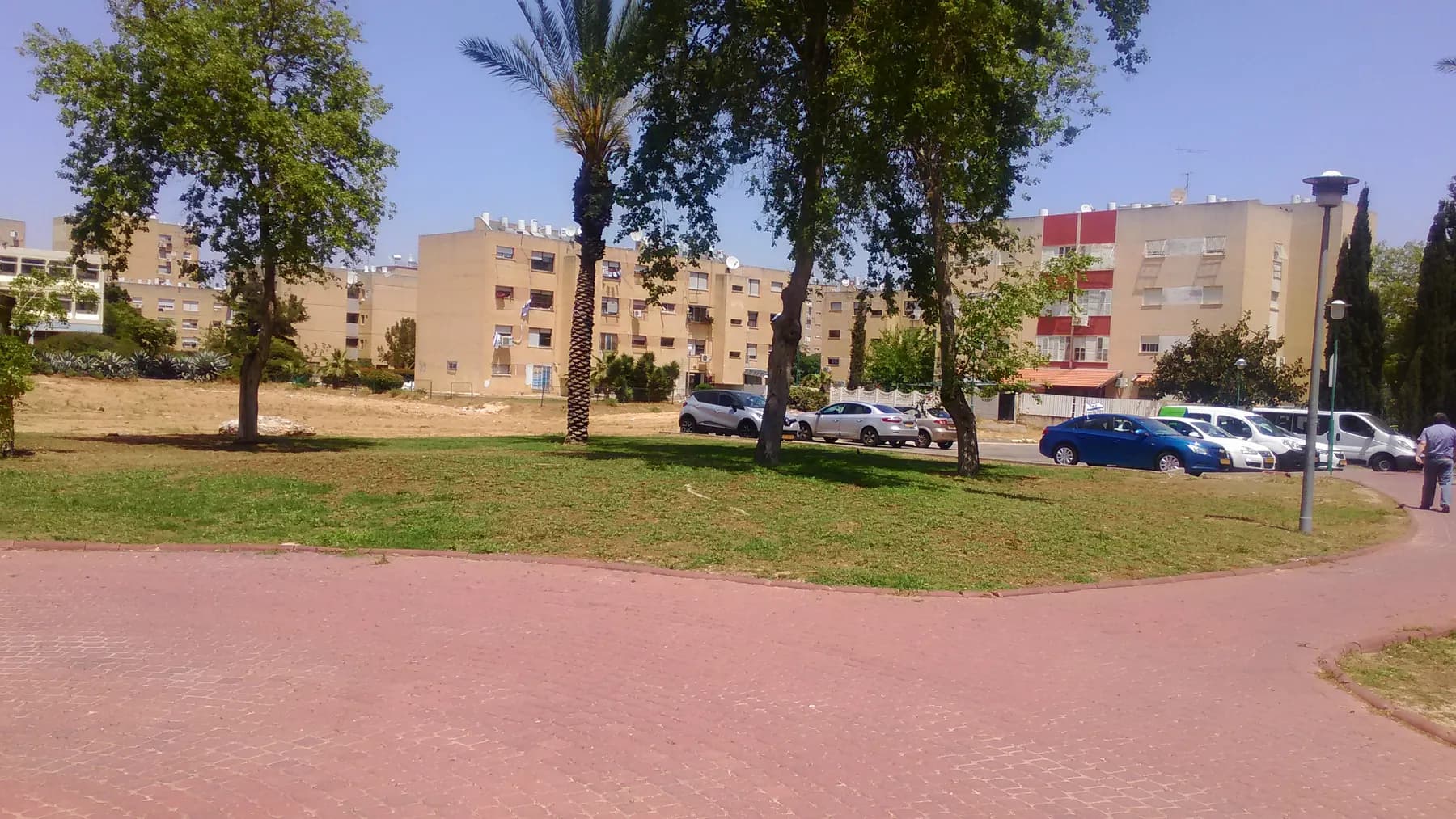 Apartment blocks behind a lawn with palm and shade trees in Kiryat Yam, with cars parked along the street.