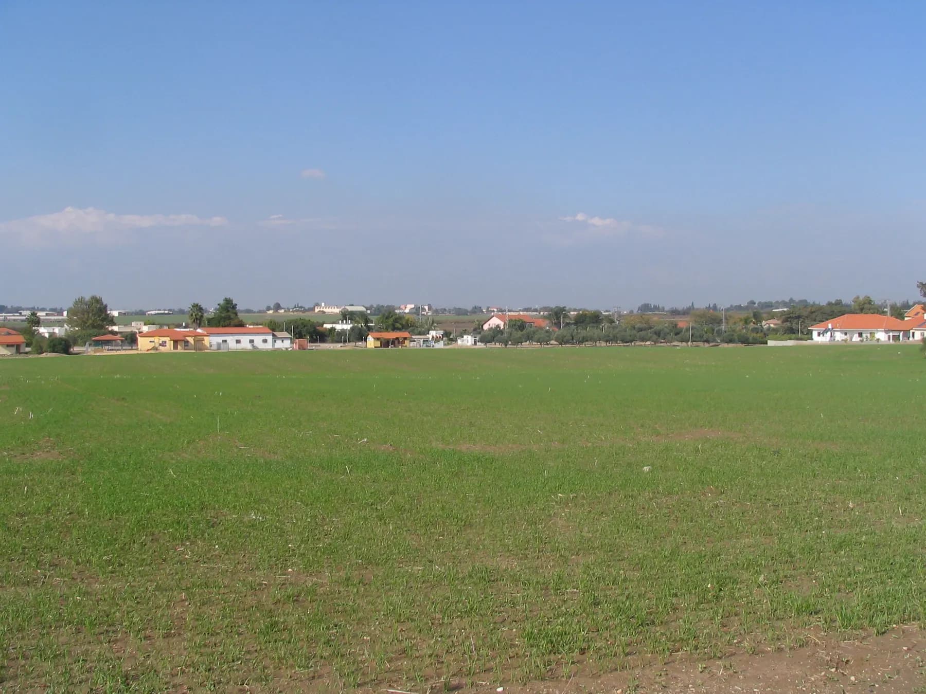 A line of houses with red roofs in Neve Mivtah, seen across a wide green field under a blue sky.