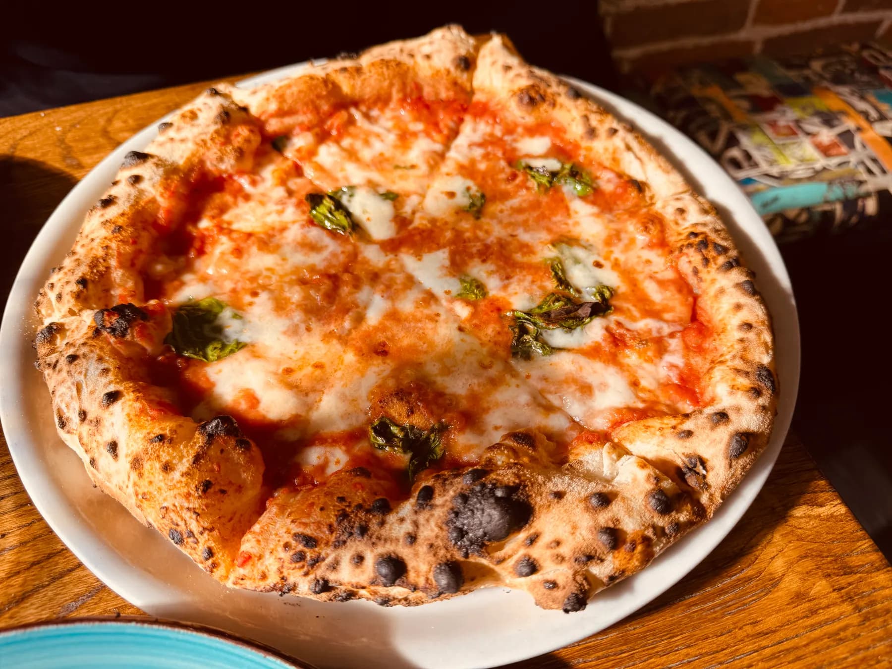 A Neapolitan margherita with a puffed, charred crust