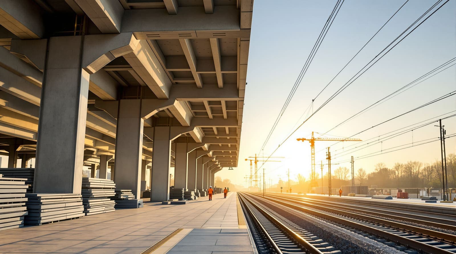 Illustration of a station platform under construction with a concrete canopy frame, stacked beams, distant crane silhouettes and empty rails receding in morning light.