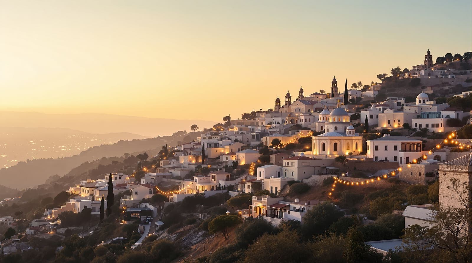 Illustration of a hillside Galilee town skyline with church bell towers and domes glowing among festive lights at golden hour.