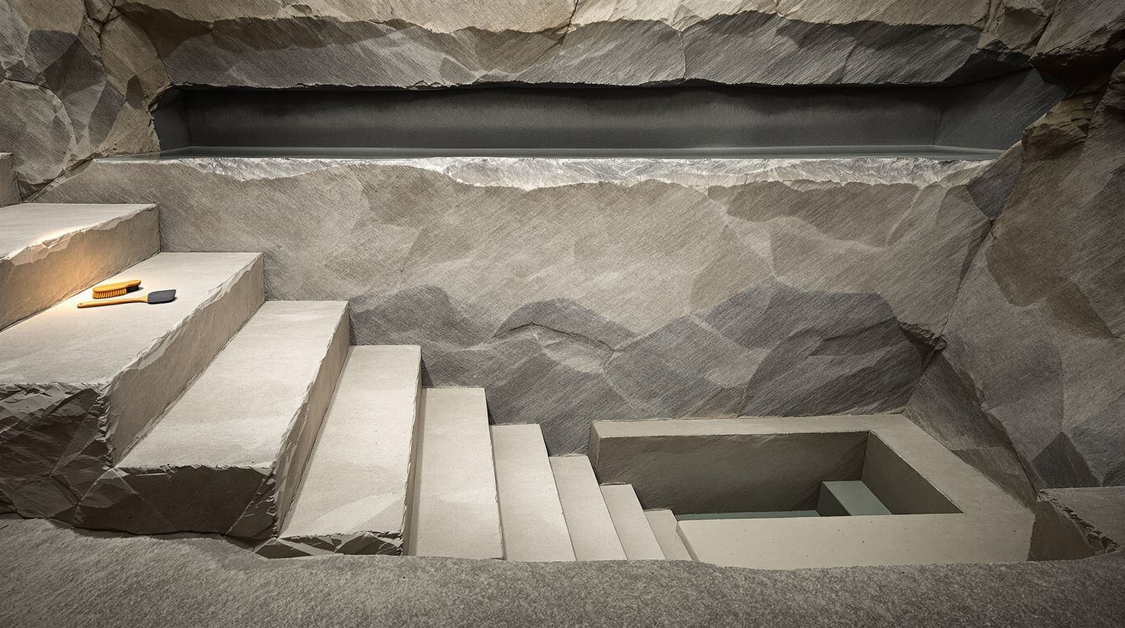 Illustration of an excavated ancient ritual bath with seven worn limestone steps descending into a small stone pool, a single dark ash band visible in the earth above.