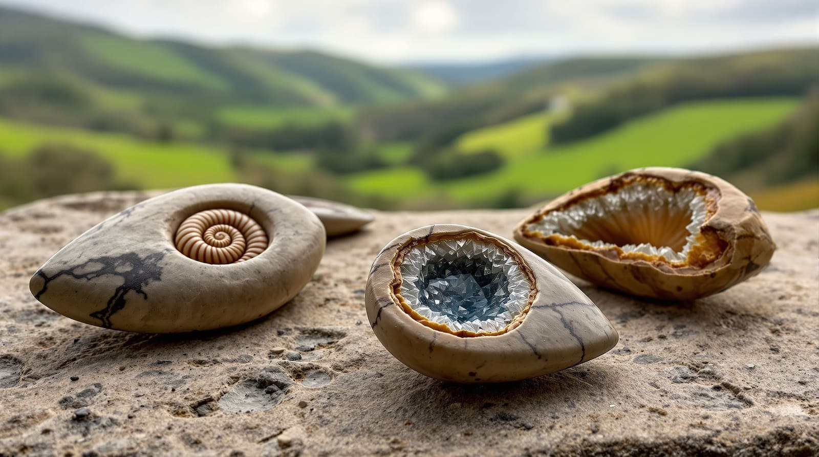 Illustration of prehistoric flint handaxes on a bench, one shaped around a spiral fossil and another around a geode.