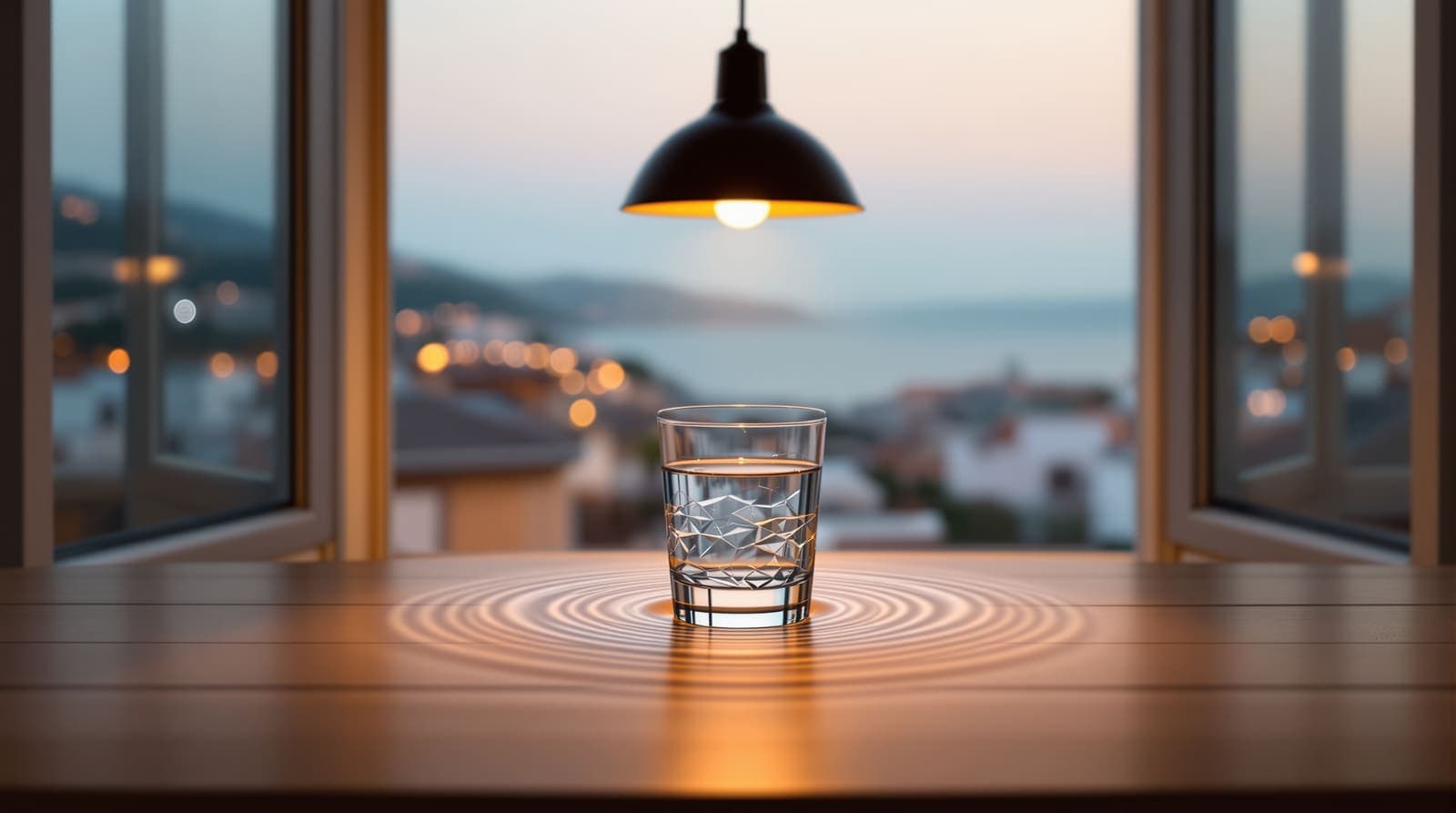 Illustration of ripples trembling in a glass of water beneath a swaying lamp, a Mediterranean coastal city visible through the window at dusk.