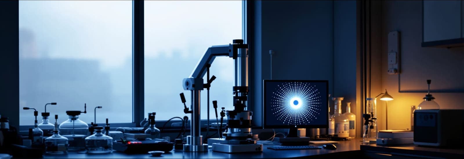 Illustration of a darkened structural biology laboratory with an X-ray crystallography instrument and a diffraction pattern glowing on a monitor.