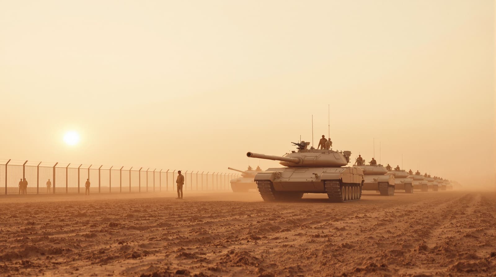 Illustration of armoured tanks staged in a dusty field along a border fence at dawn.