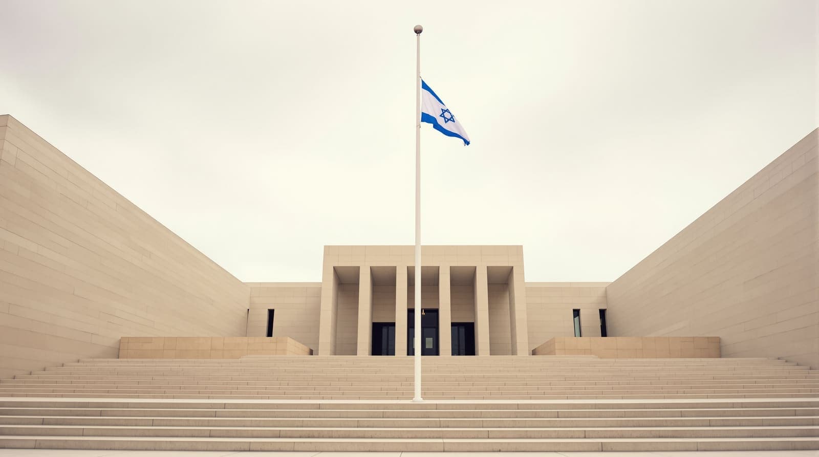 Illustration of an Israeli flag lowered to the midpoint of its pole in front of a limestone courthouse under an overcast desert sky.