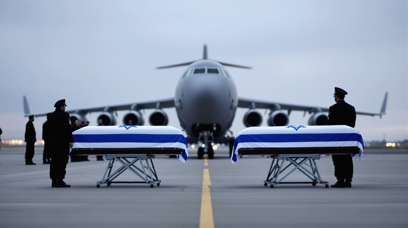 Illustration of silhouetted soldiers facing two flag-draped coffins resting on stands on an airfield tarmac at dusk.