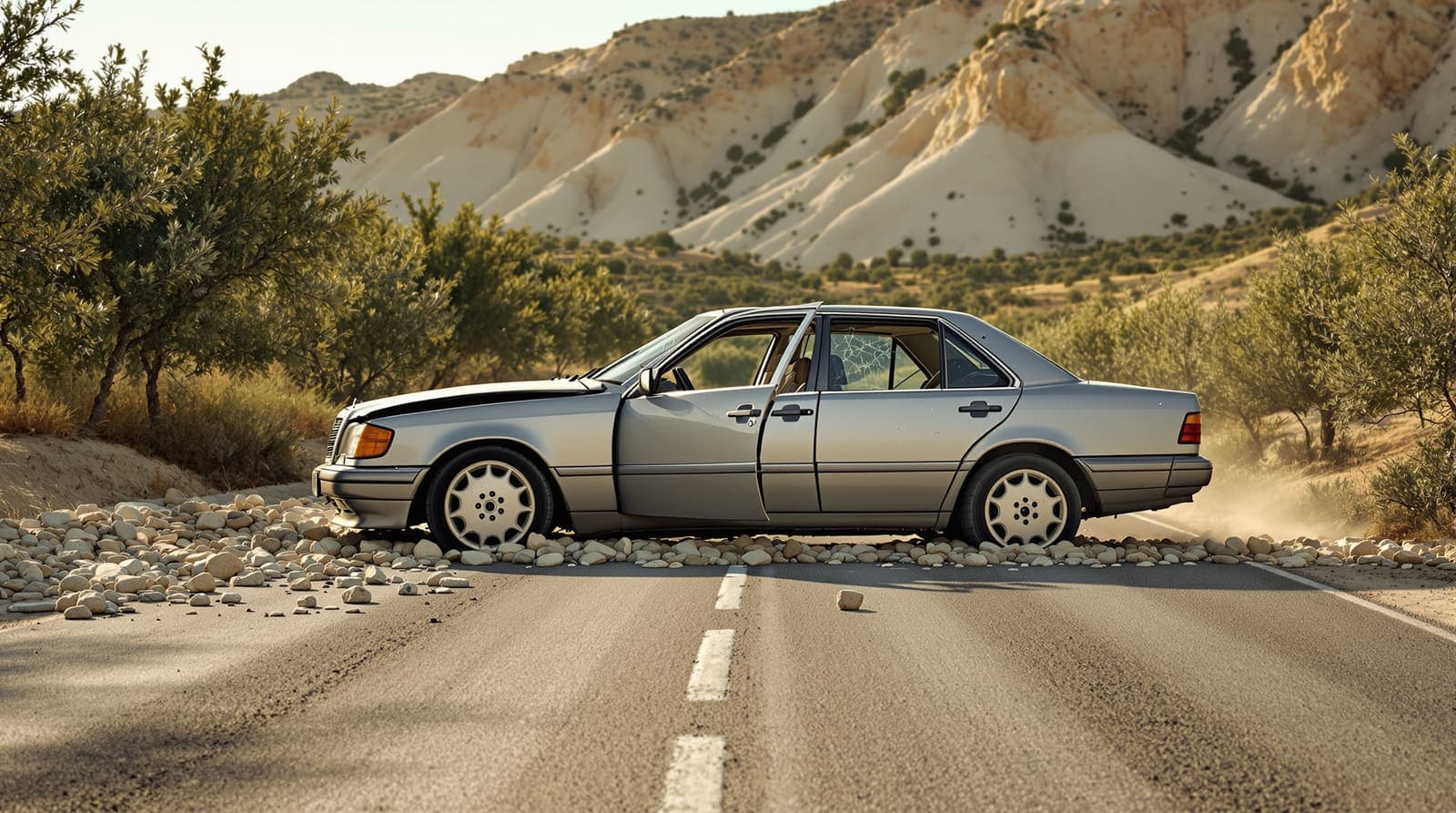 Illustration of a stalled, dented car with a cracked windshield seen side-on among scattered stones on a hillside road at golden hour.