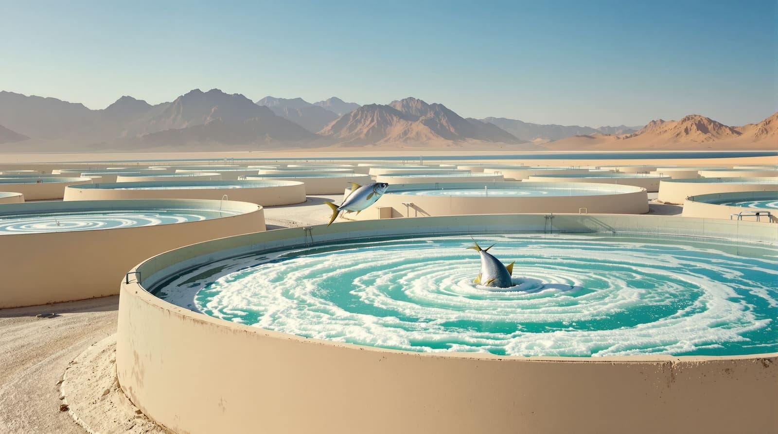 Illustration of circular fish-farming tanks in the desert near Eilat, with a single silver fish leaping from the churned water.