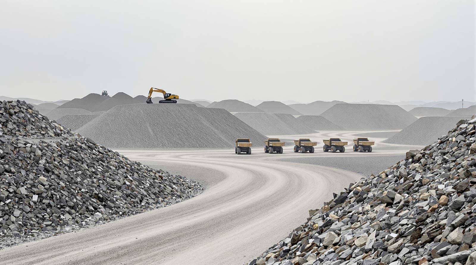 Illustration of six tipper lorries seen side-on, small and dust-veiled across a waste yard of rubble mounds, with tyre ruts in the foreground and a distant excavator silhouette.