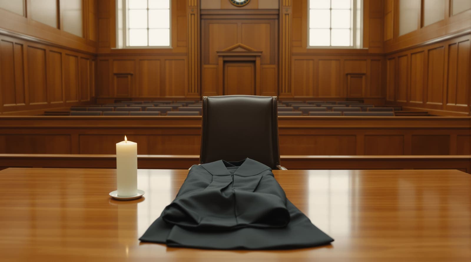 Illustration of a folded judge's robe and a burning memorial candle on the bench of an empty wood-panelled courtroom.