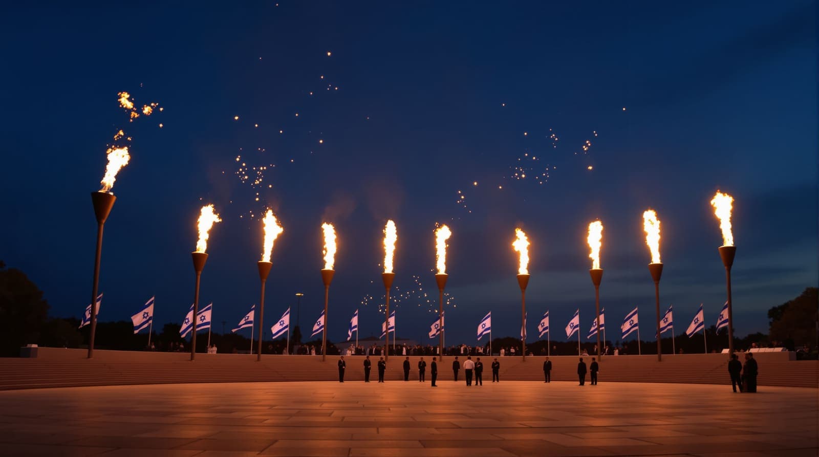 Illustration of the Mount Herzl torch-lighting plaza at dusk, with a row of flaming ceremonial torches and Israeli flags behind them.