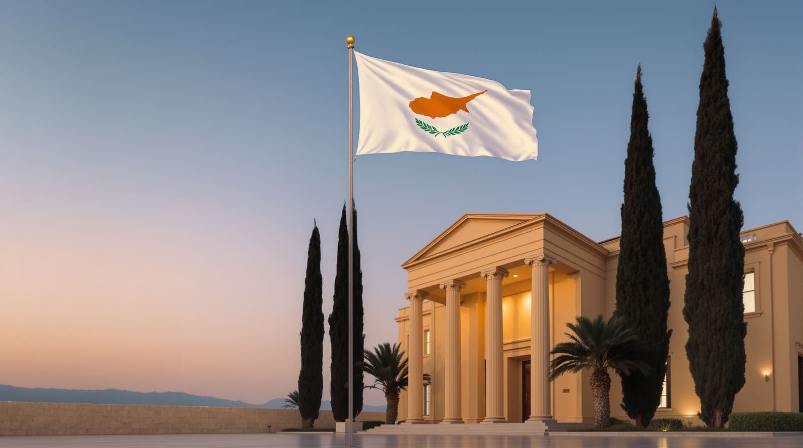 Illustration of the flag of Cyprus flying before a columned Mediterranean government building at dusk.