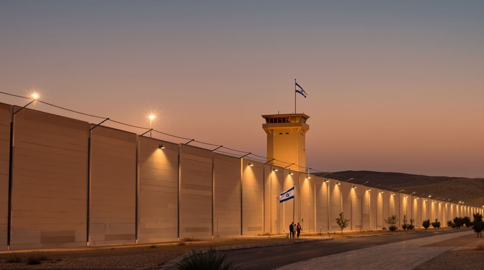 Illustration of an Israeli flag on a pole at mid-distance before a prison compound's concrete perimeter wall and watchtower at dusk.