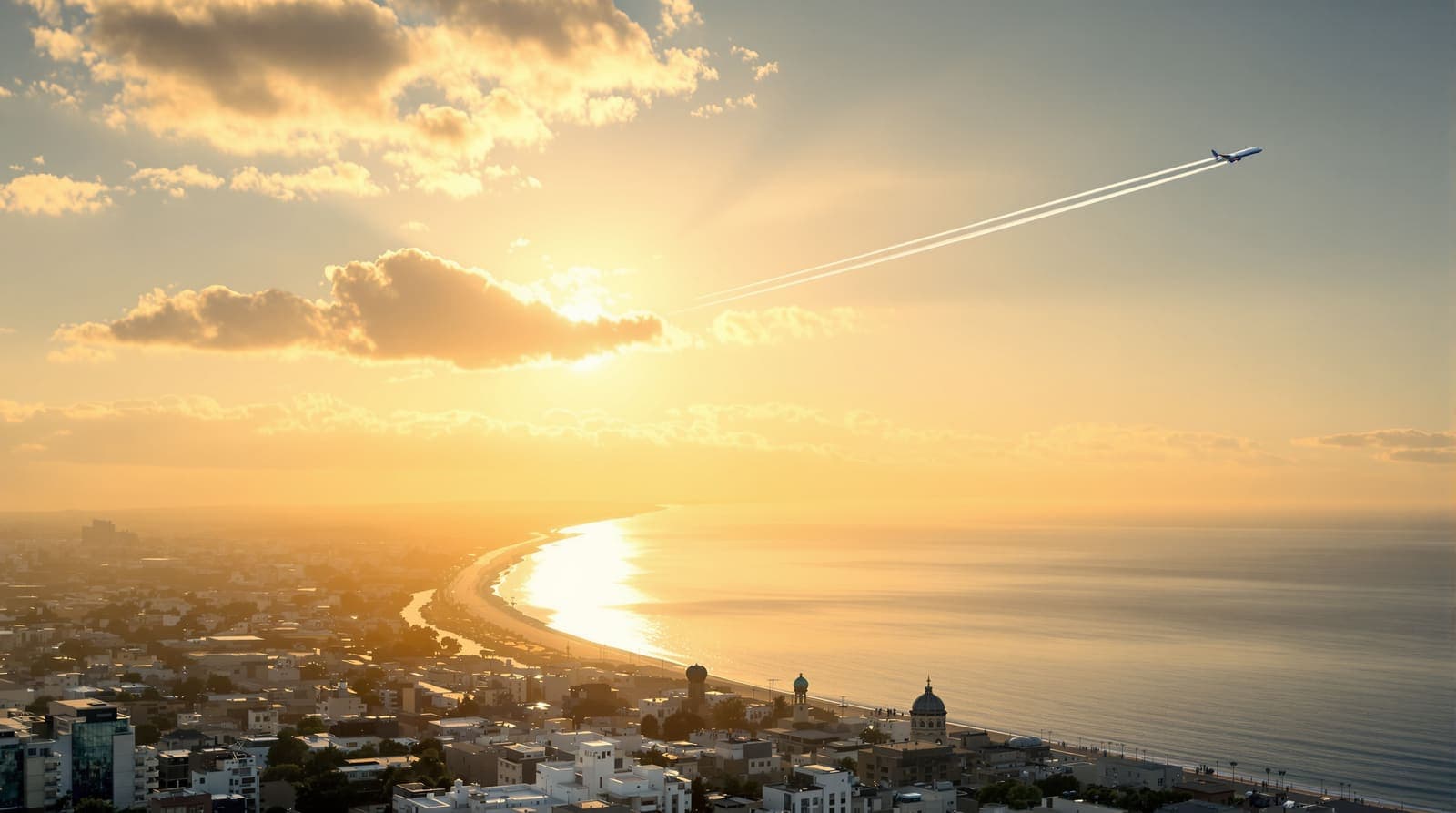 Illustration of a tiny distant airliner crossing a sunrise sky side-on, trailing a long contrail above a hazy Mediterranean shoreline.