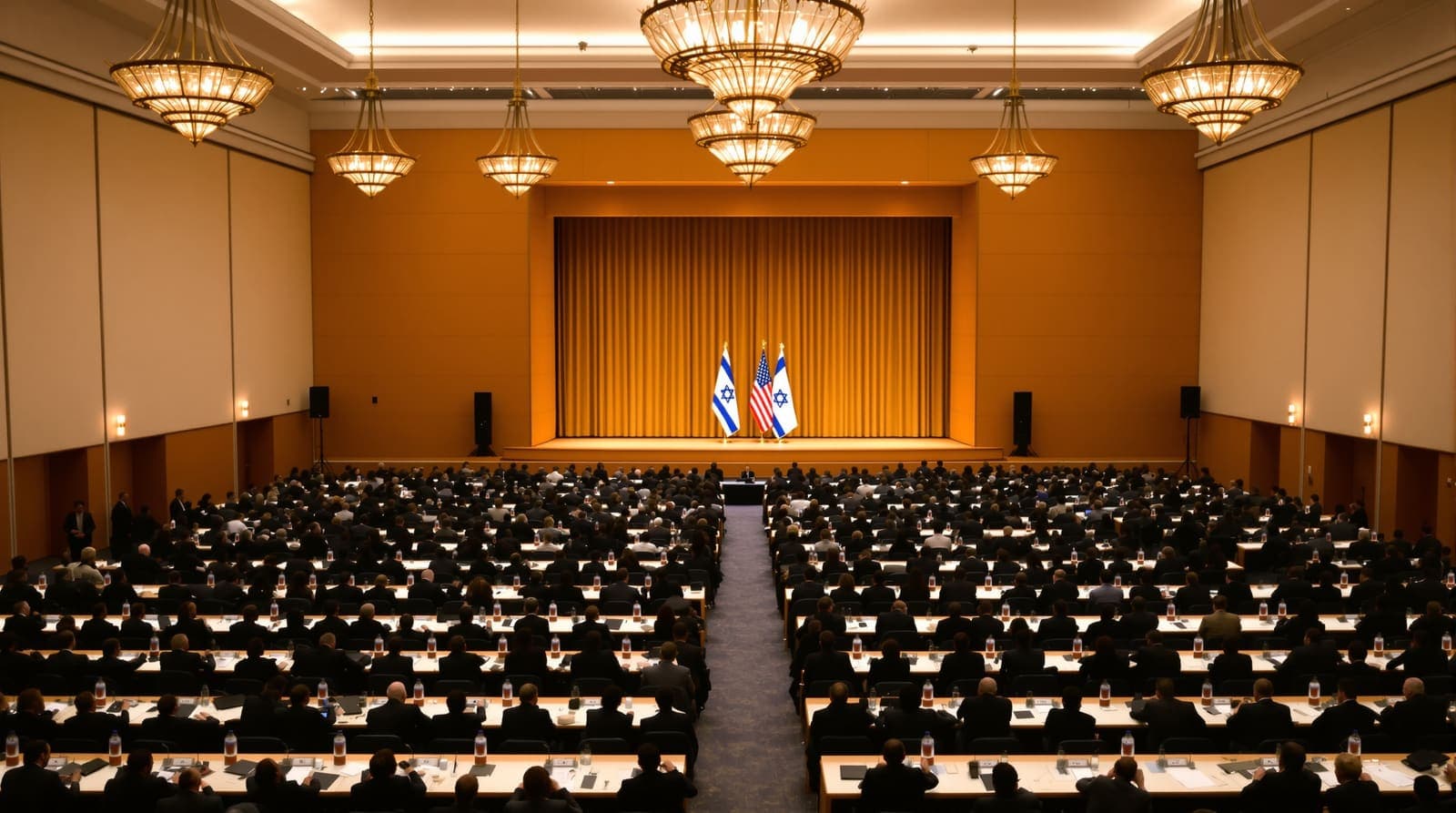 Illustration of a conference hall of delegates seen from behind, facing a stage with Israeli and American flags.