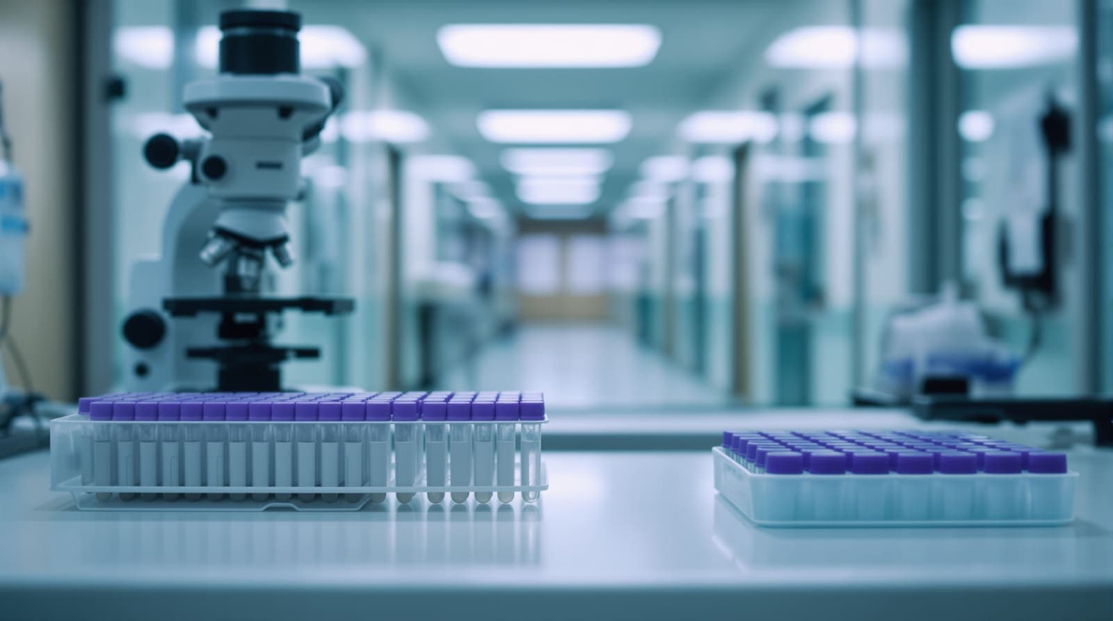 Illustration of purple-capped sample tubes, glass slides and a microscope on a hospital laboratory bench.
