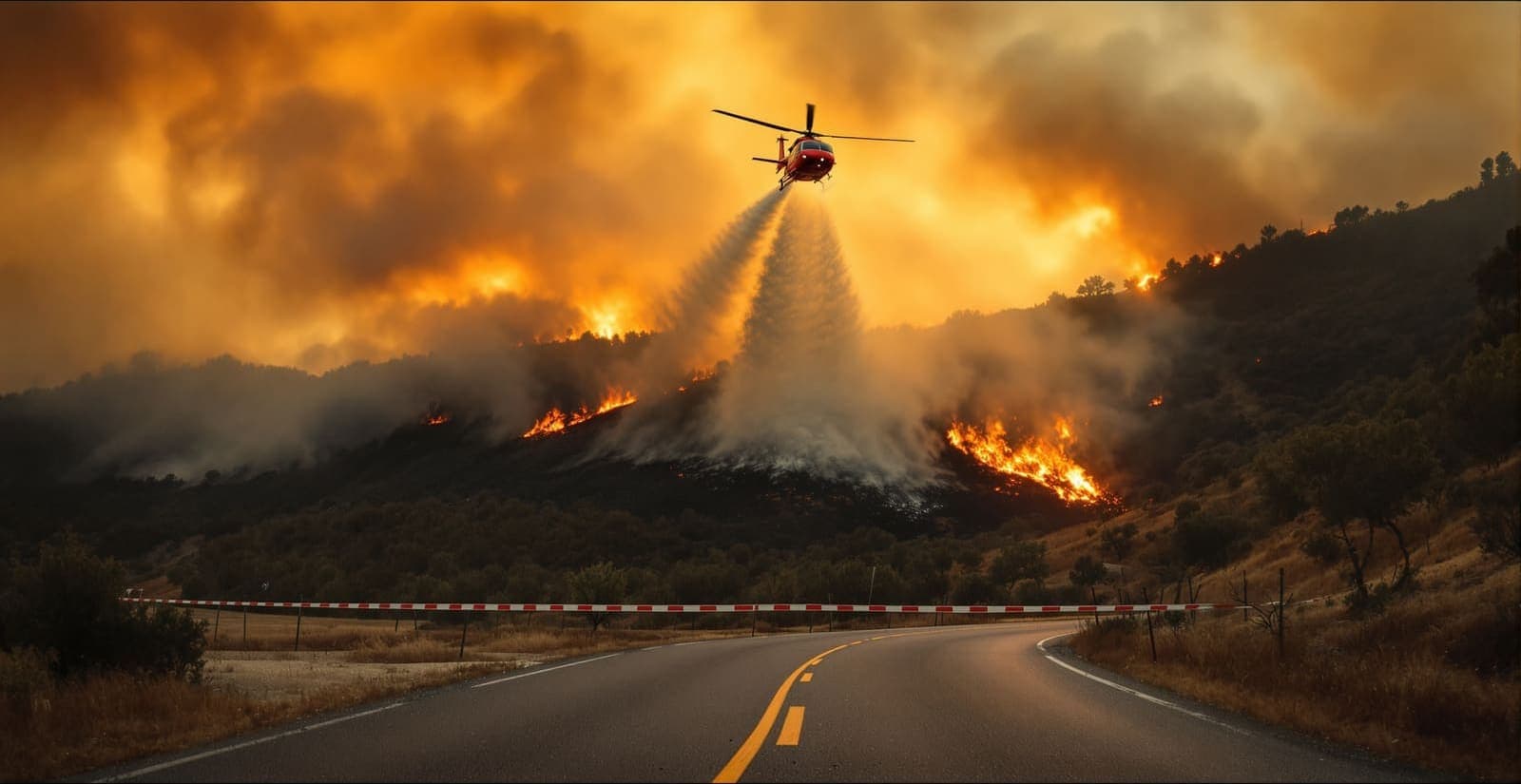 Illustration of a firefighting helicopter dropping water on a burning hillside above a rural road closed by a striped barrier.