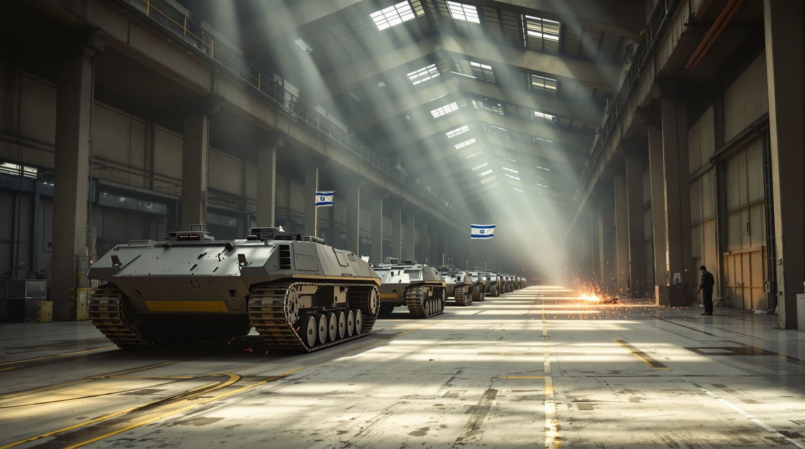 Illustration of a factory hall with tracked armoured hulls side-on along an assembly line, welding sparks, and a single Israeli flag hanging at mid-distance.