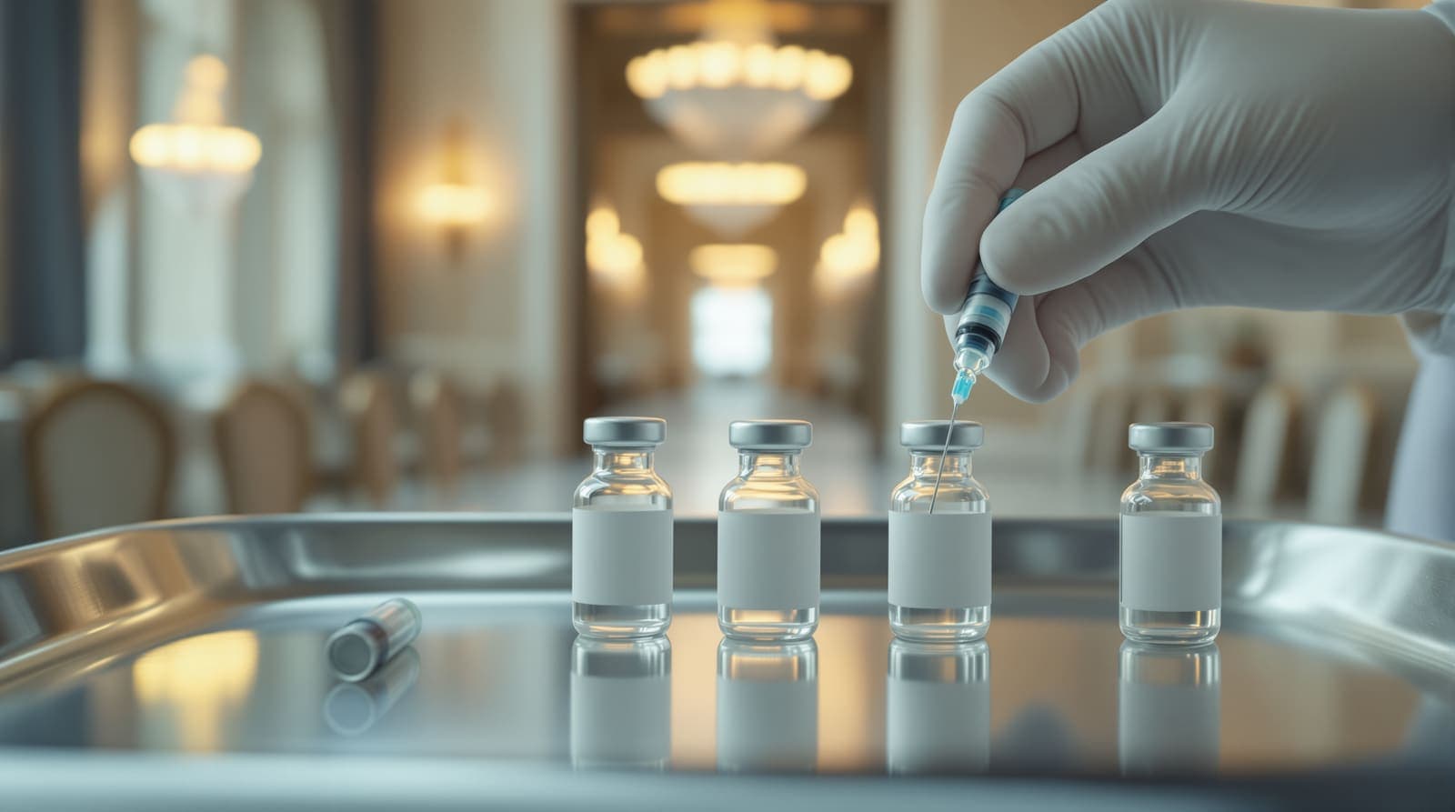 Illustration of vaccine vials and a syringe on a clinic tray, with the blurred chandeliers of an empty banquet hall behind.
