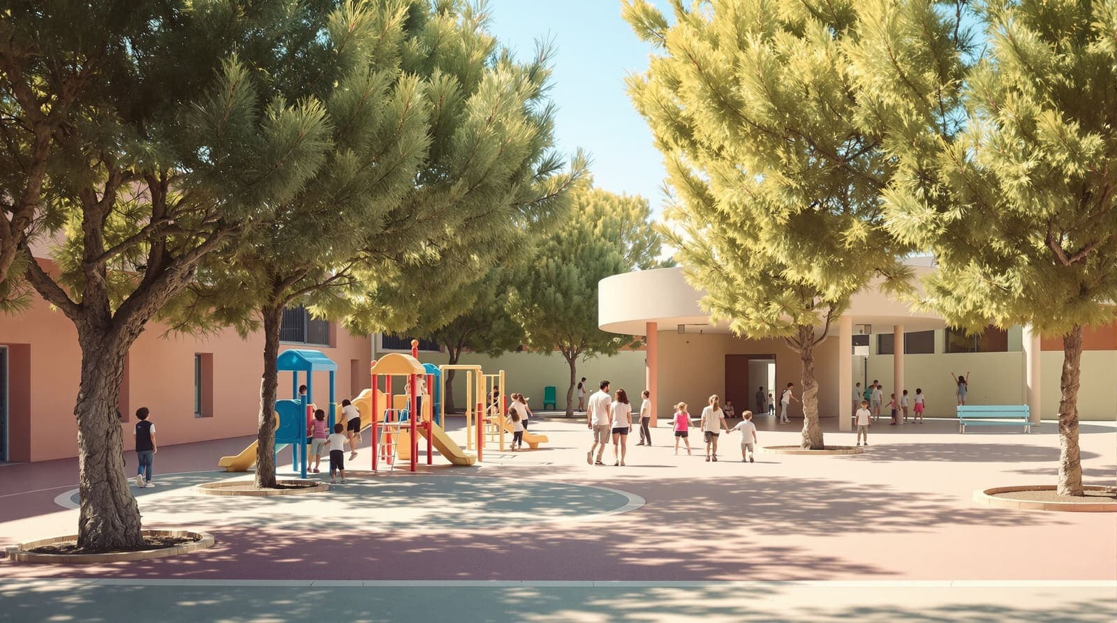 Illustration of children playing in a sunlit schoolyard with a rounded pastel shelter blurred in the background.