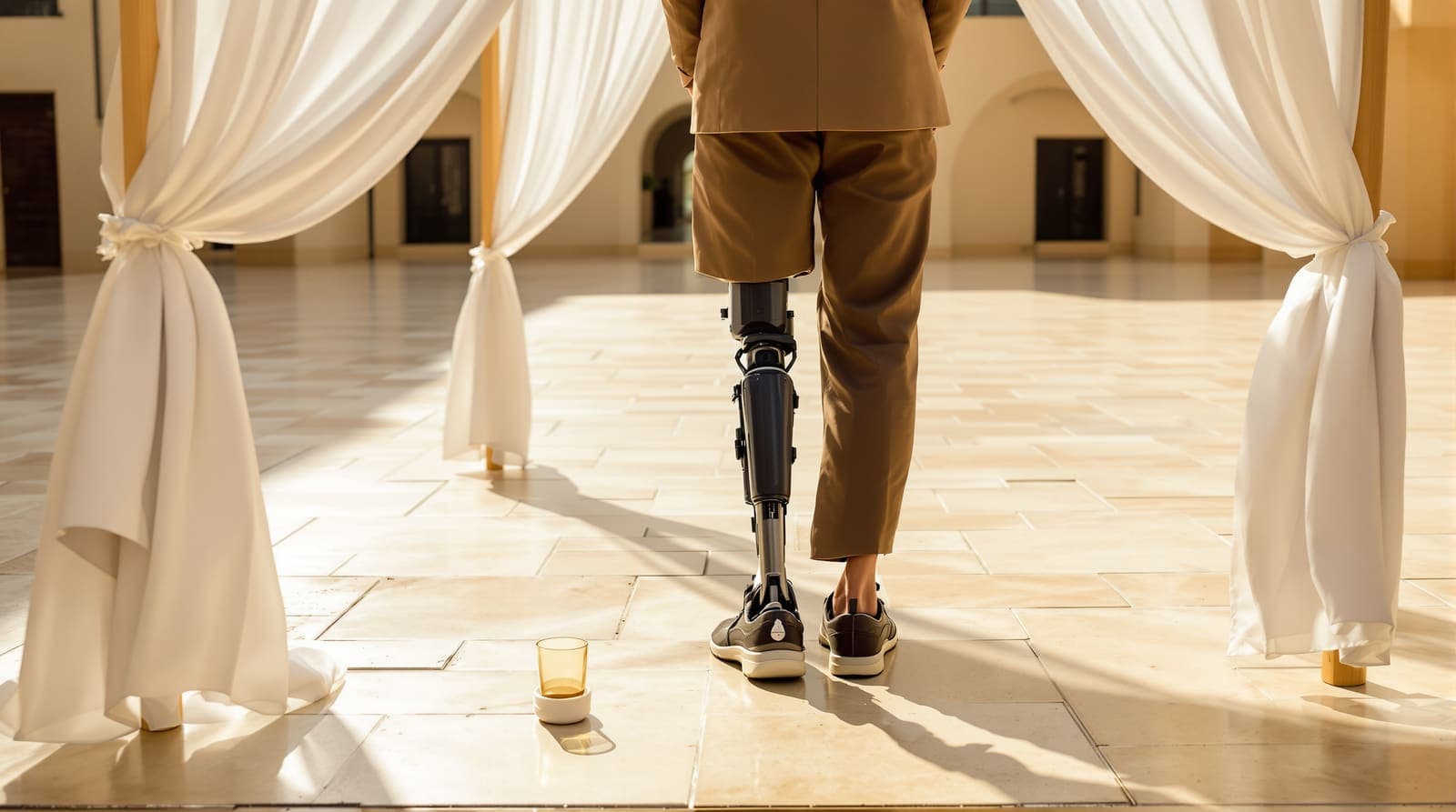 Illustration of a man standing on a prosthetic leg, seen from behind beneath a white wedding canopy in a limestone courtyard.