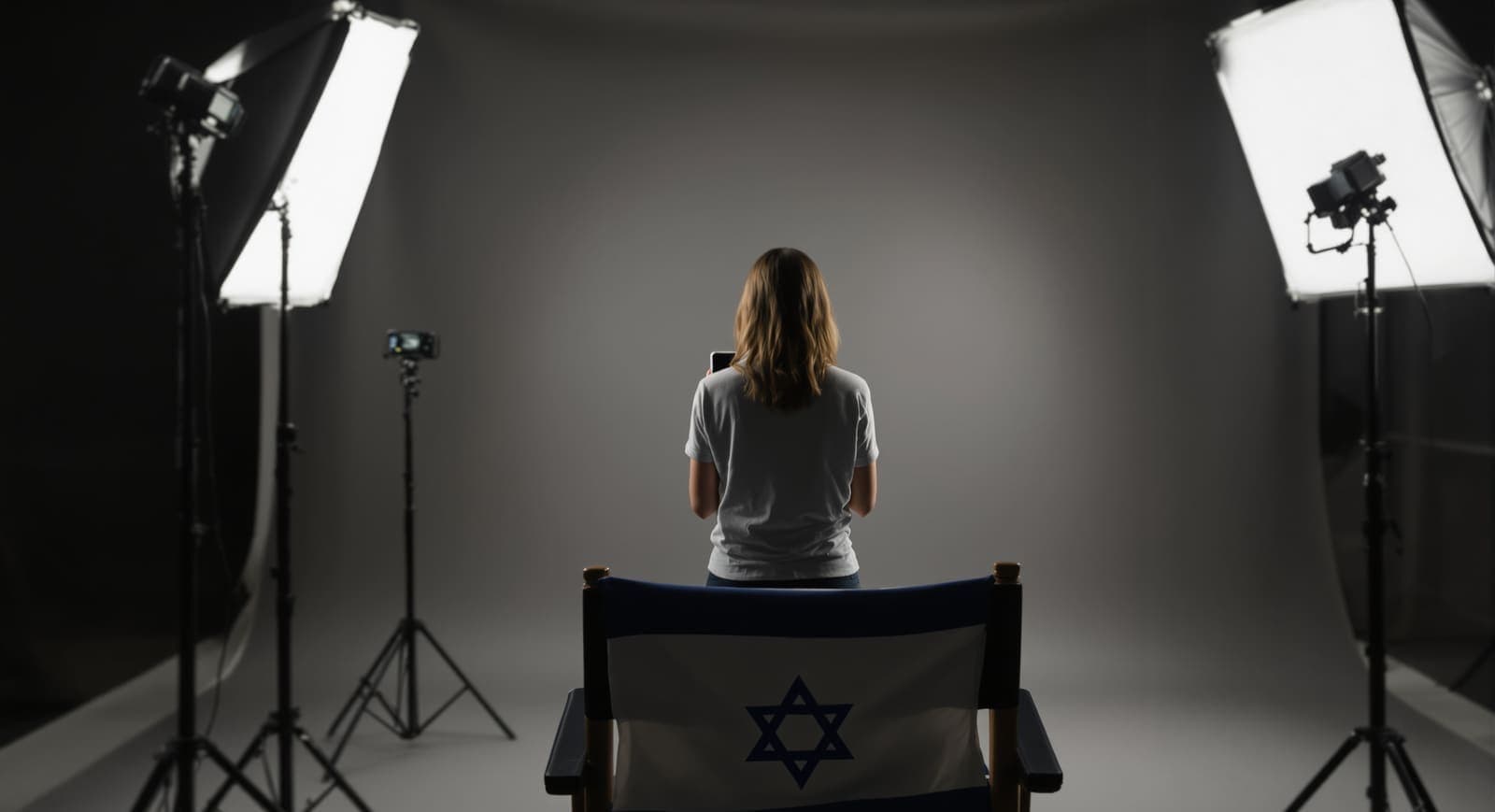 Illustration of a woman seen from behind on a photo-studio set, with an Israeli flag draped over a chair in the foreground.