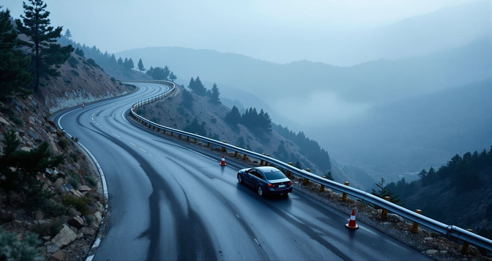 Illustration of skid marks curving toward a small dark sedan resting side-on against a bent guardrail on a mountain road at dusk.