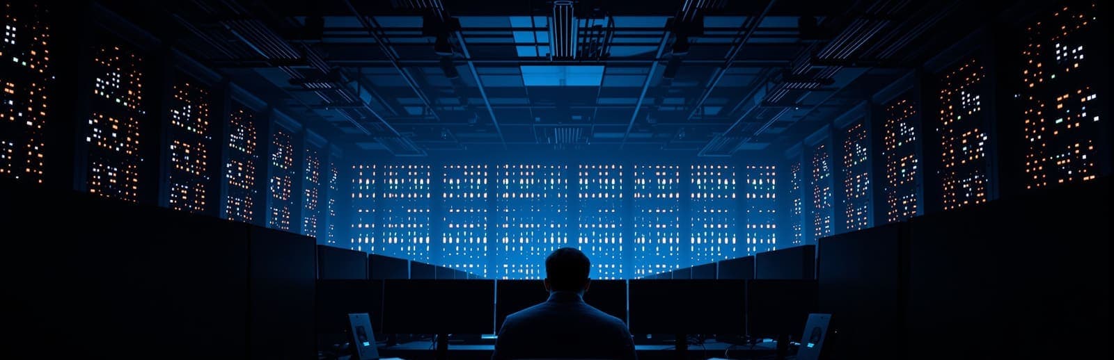 Illustration of a dim cyber-operations room with dark unlit monitors, glowing server racks and a lone analyst seen from behind in silhouette, representing Iran's AI-driven influence campaigns.