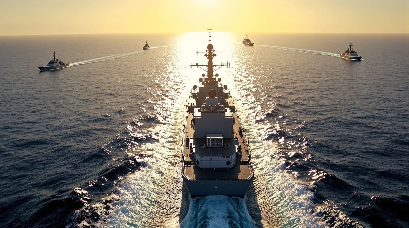 Illustration of a frigate seen from astern leading three small uncrewed boats across open sea at golden hour, a containerised module on its aft deck.