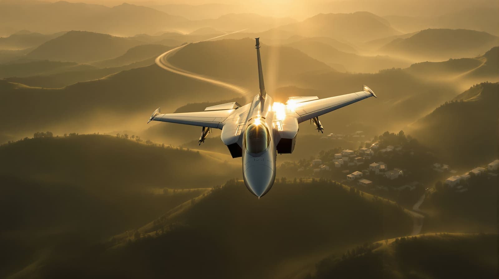 Illustration of an Israeli fighter jet banking over hazy border hills, with a distant hillside village far below.