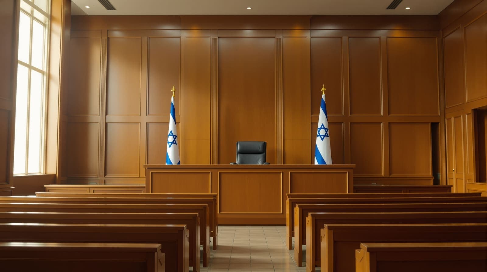 Illustration of an empty wood-paneled courtroom with a raised judge's bench and an Israeli flag.