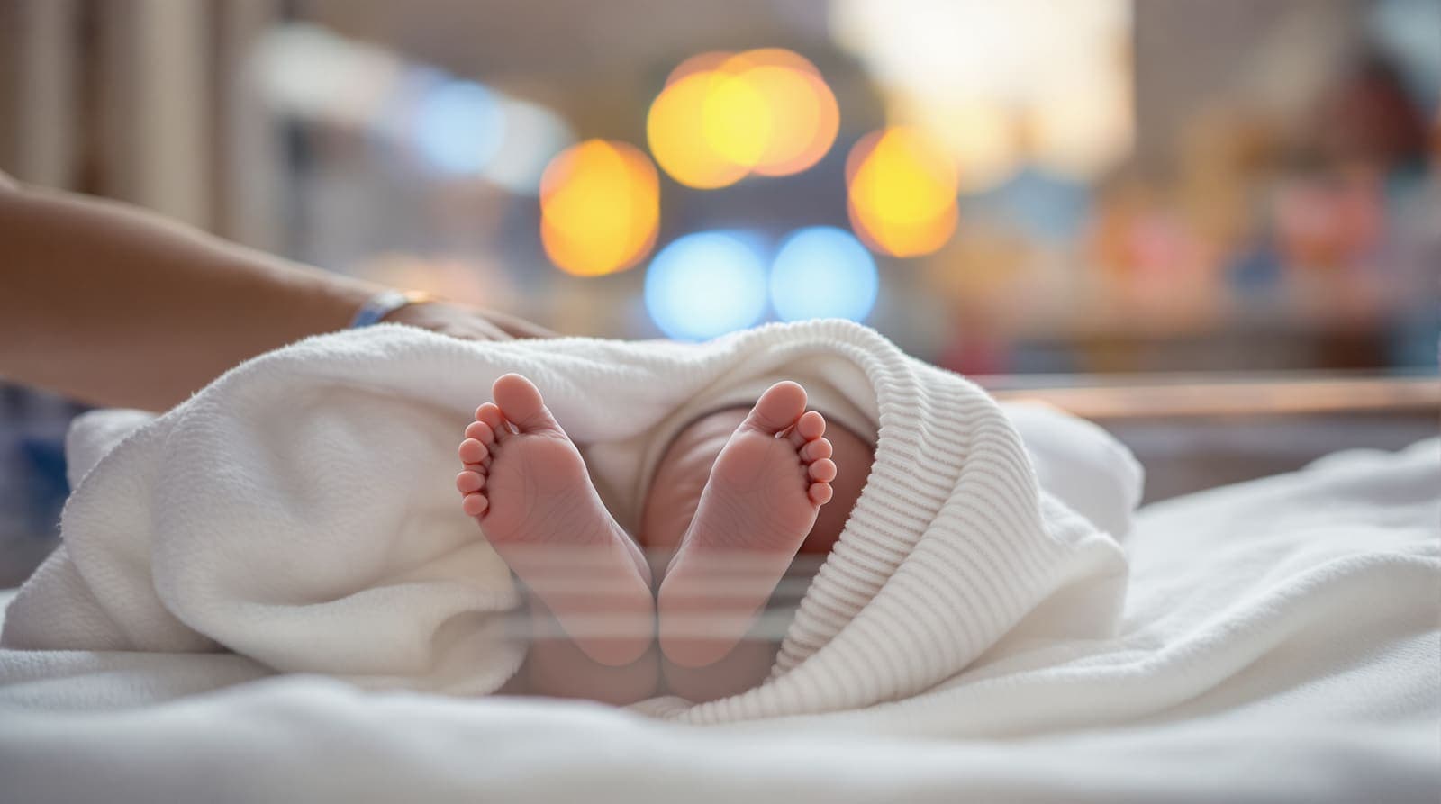 Illustration of a nurse's hands holding a newborn's tiny feet beside a fully blanket-wrapped bundle, with blurred ambulance lights through a window at dawn.