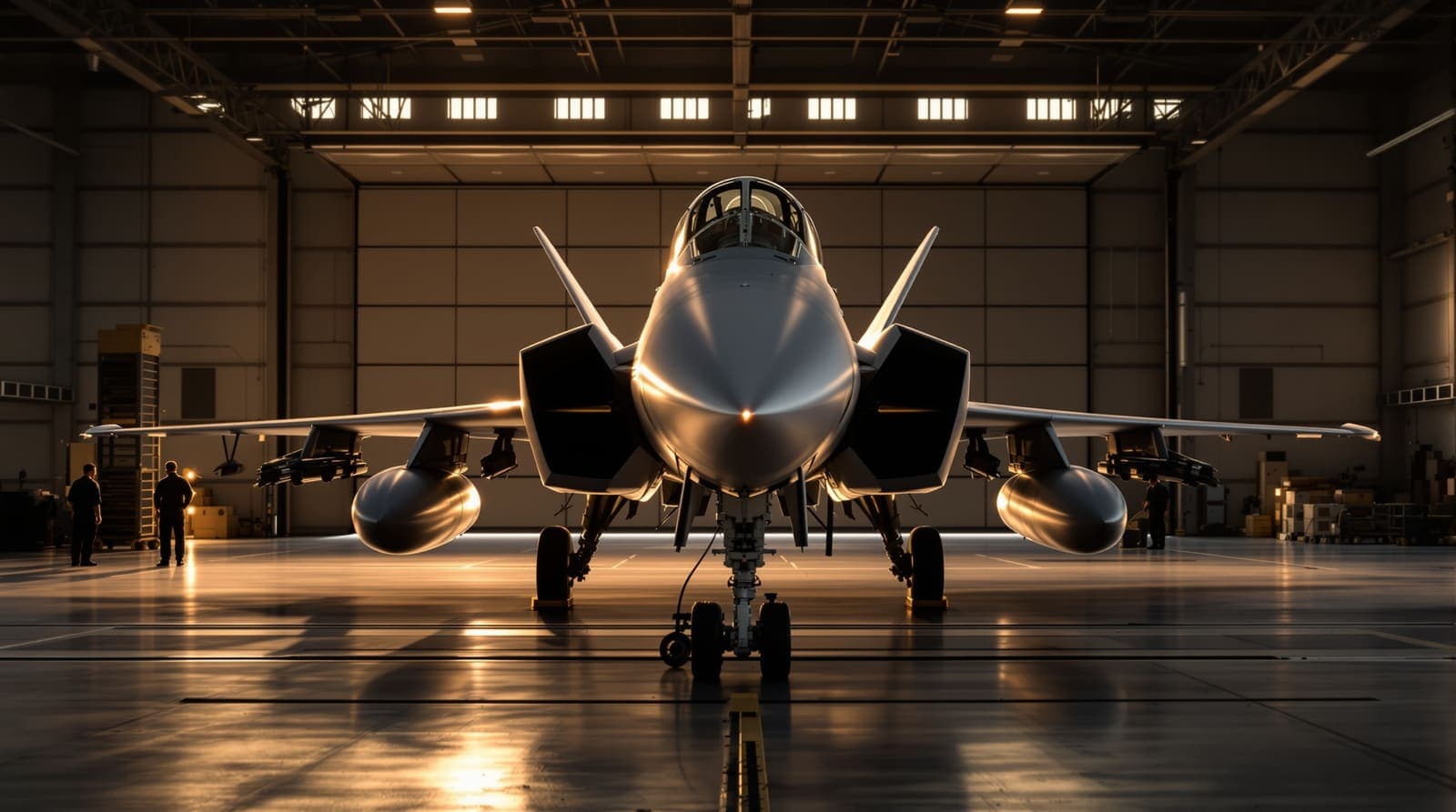 Illustration of a delta-winged fighter jet undergoing maintenance inside a hangar with technicians in the background.