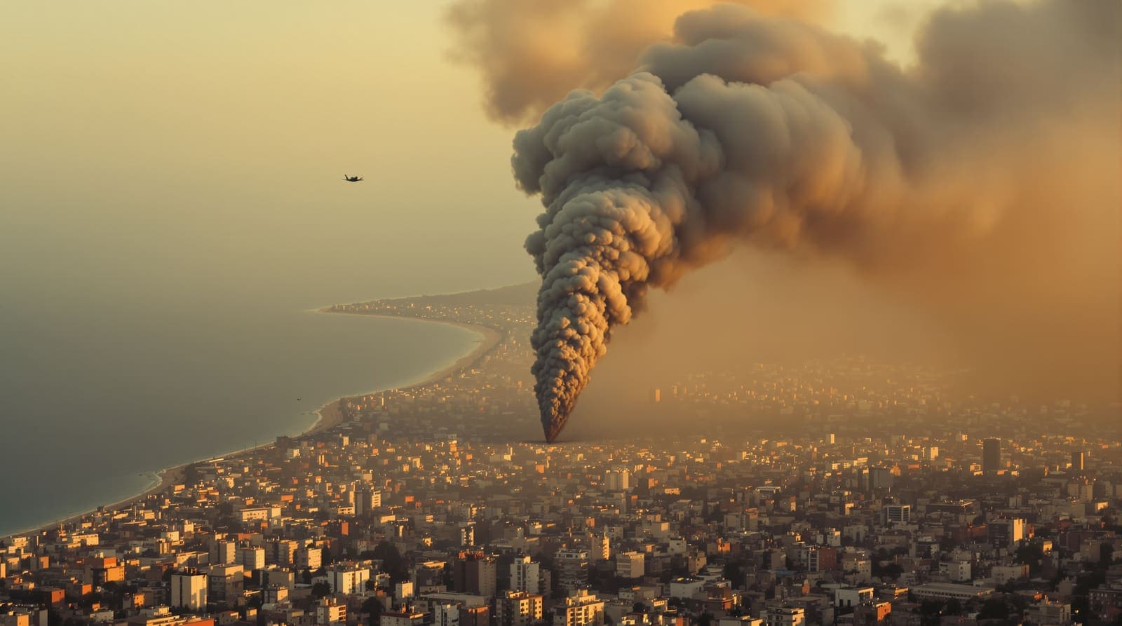 Illustration of a smoke column rising from a dense coastal skyline at golden hour, a fighter jet tiny in the distant sky.