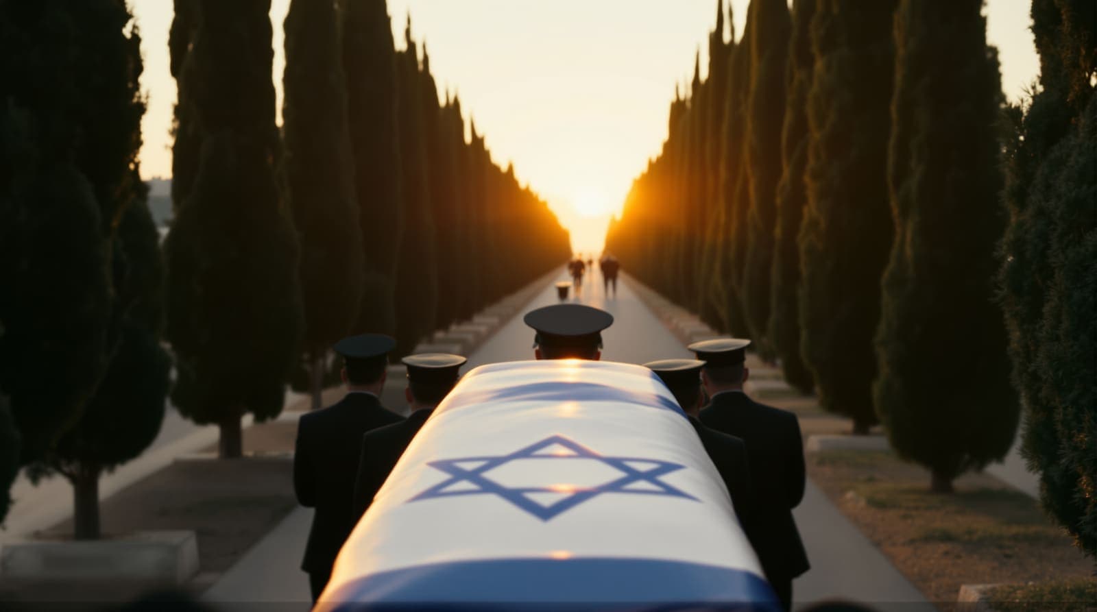 Illustration of silhouetted soldiers carrying a flag-draped casket away down a cypress-lined path at golden hour.