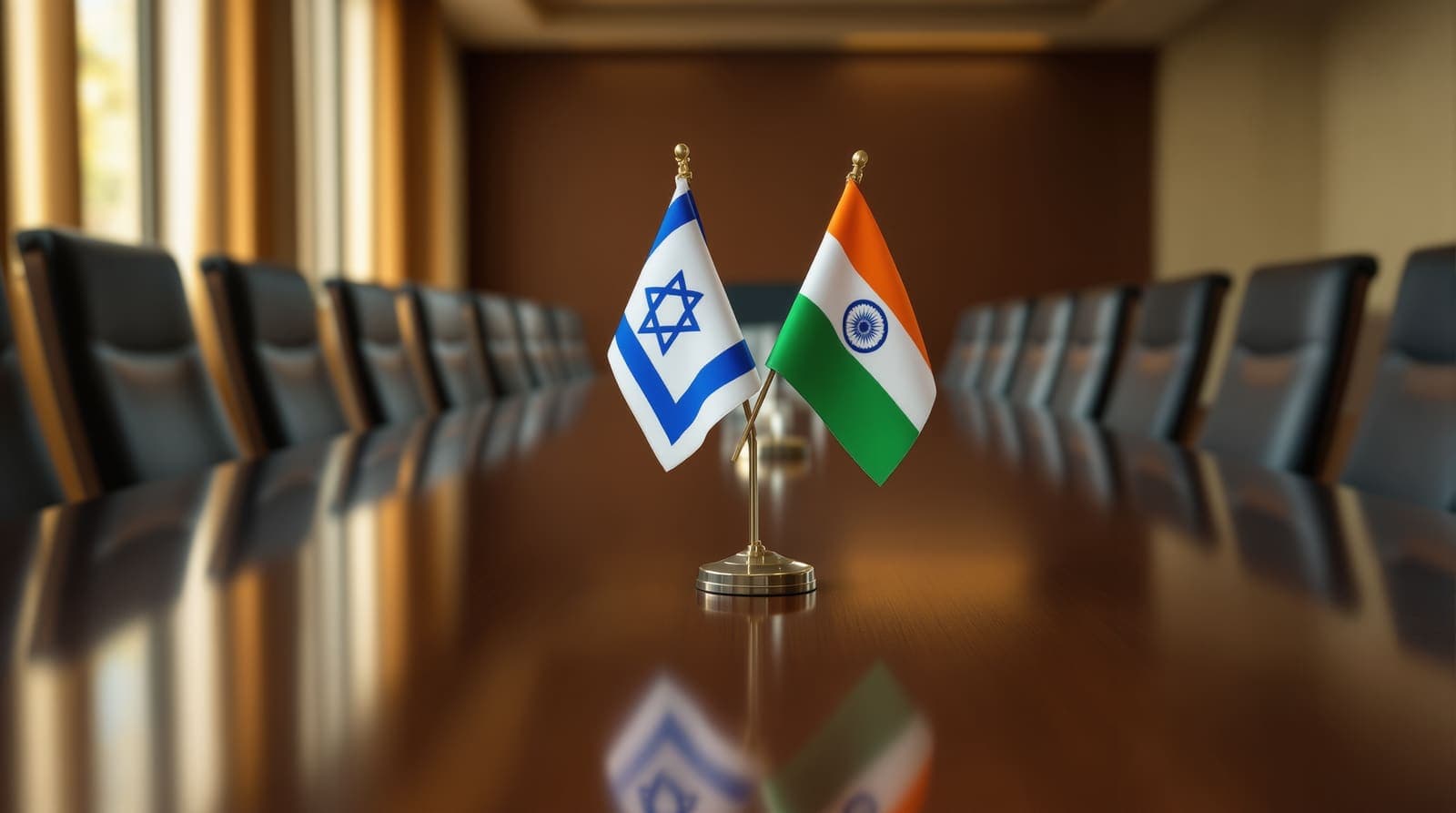 Illustration of small Israeli and Indian flags standing together on a polished conference table lined with empty chairs.