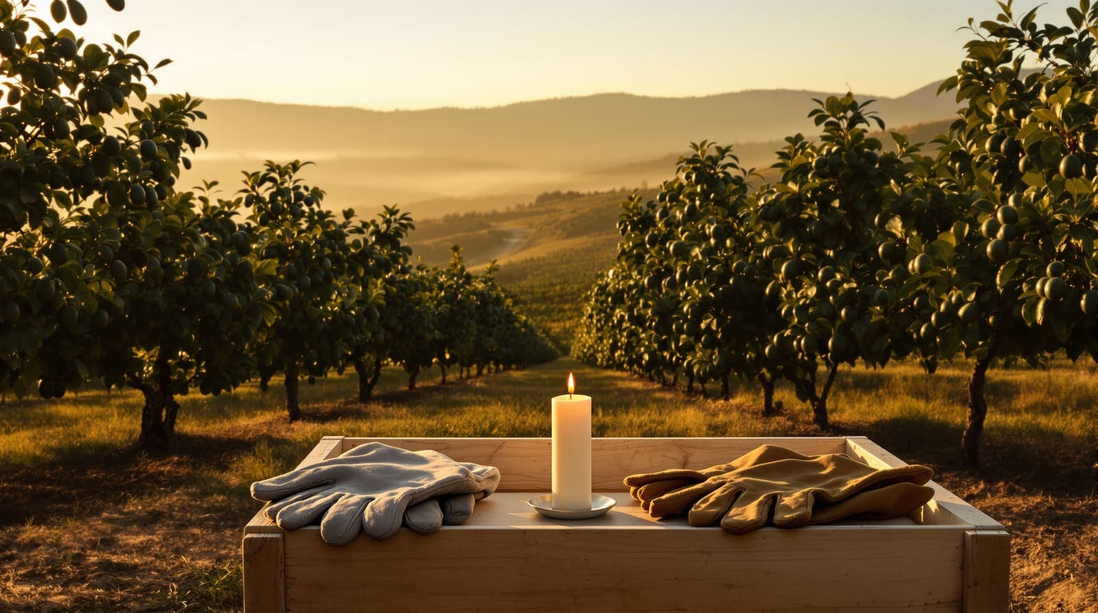 Illustration of a memorial candle and work gloves on a crate in an avocado orchard at golden hour.