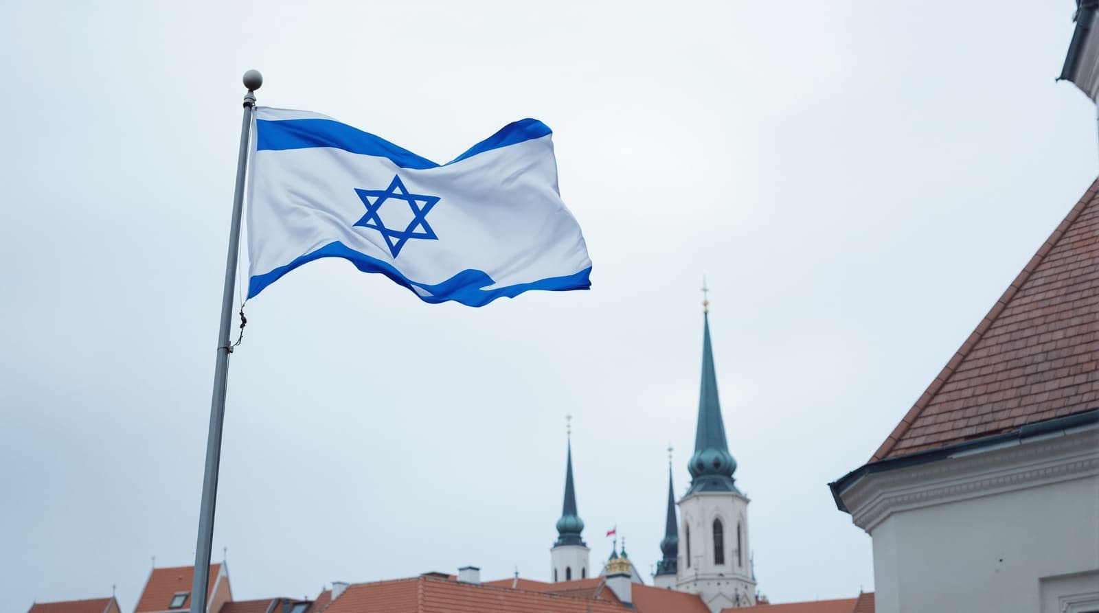 Illustration of an Israeli flag on a pole against an overcast sky above Tallinn's medieval rooftops and spires.