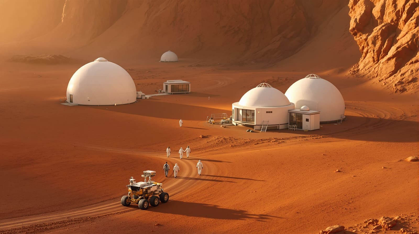 Illustration of white habitat domes and a six-wheeled rover on reddish gravel in a desert crater resembling a Mars simulation campus.