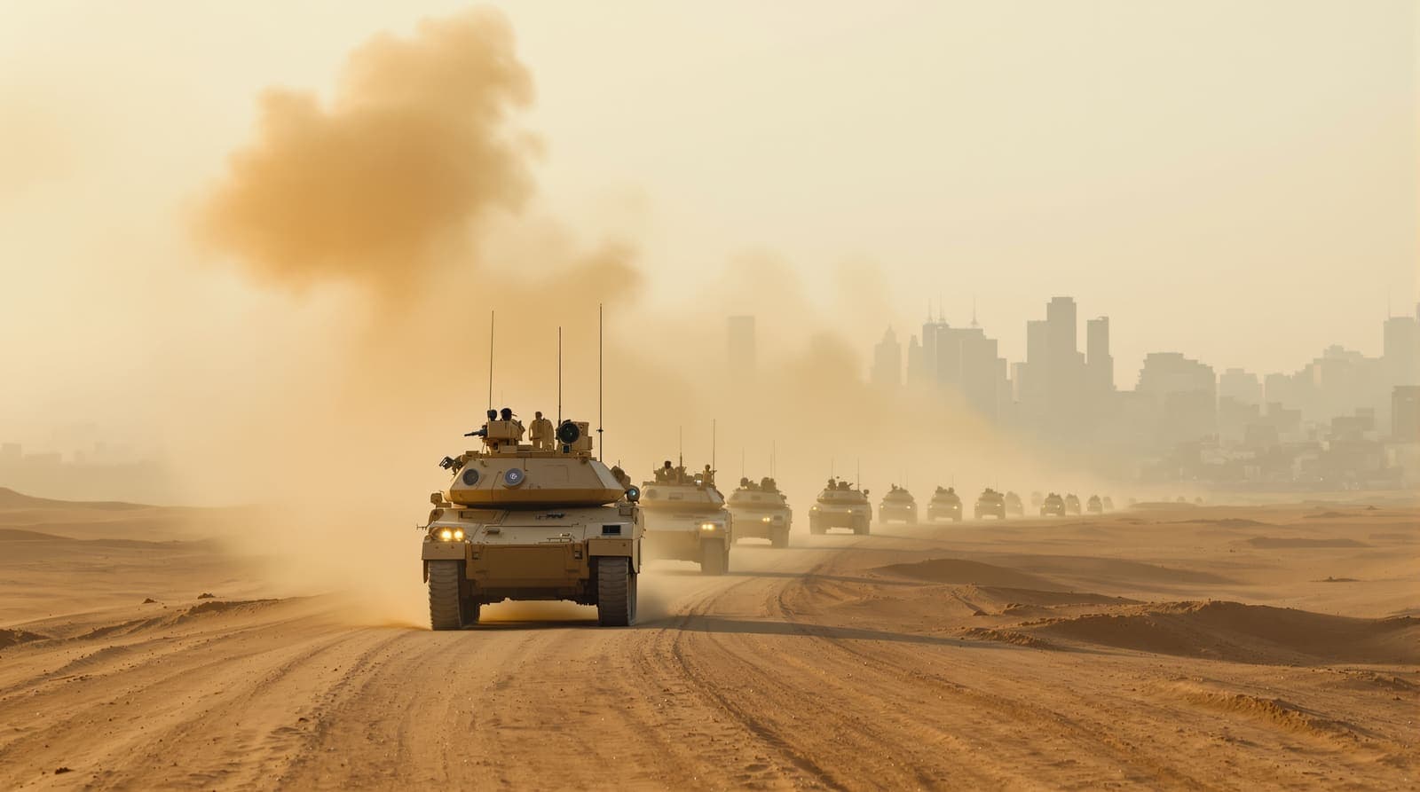 Illustration of a long column of armoured vehicles receding into dawn dust along a desert track, with a hazy city skyline on the horizon.