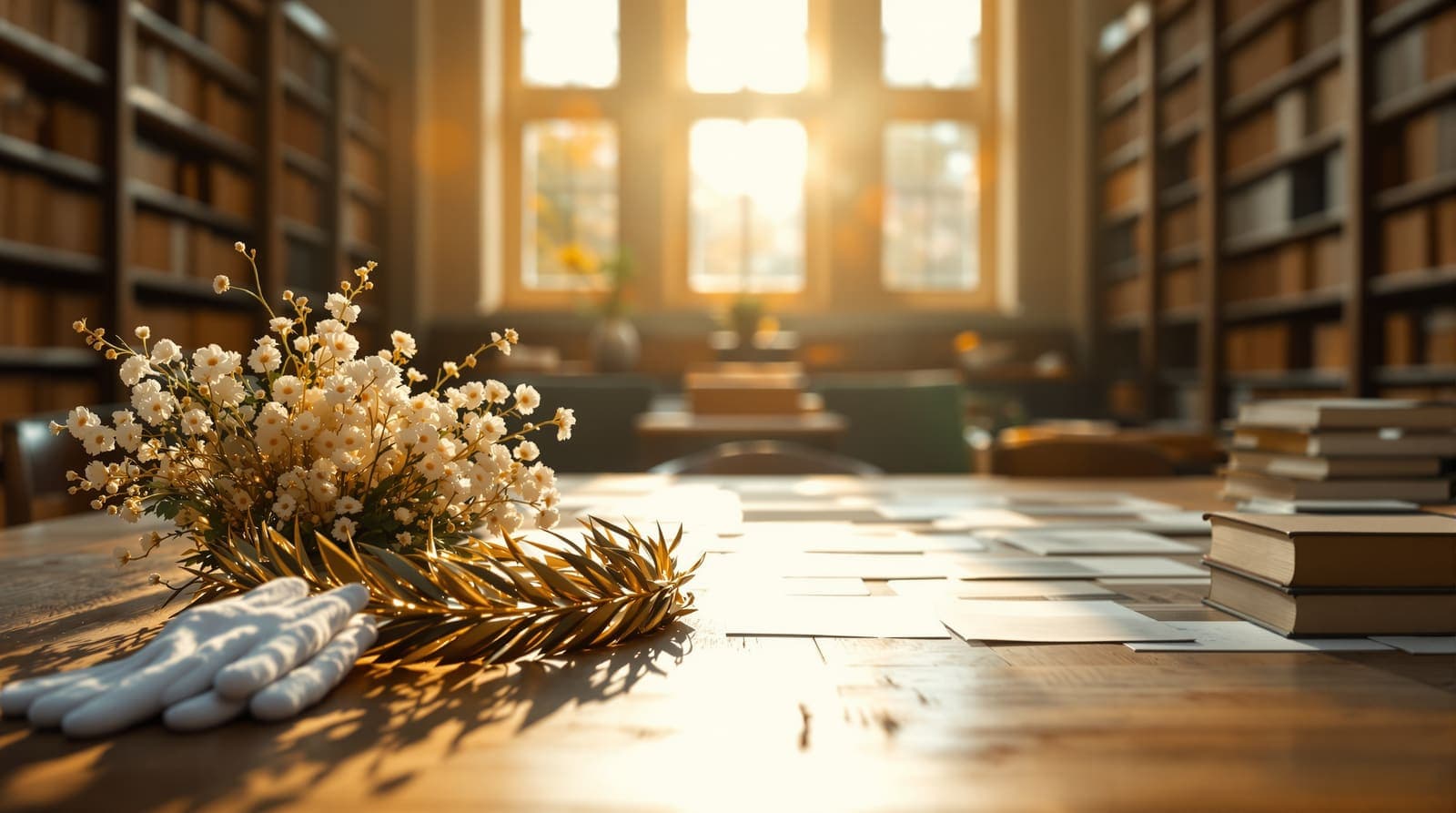 Illustration of a laurel wreath, white flowers and archivist's gloves on an archive table with sepia photographs blurred behind, representing Billie Melman's Israel Prize for history.