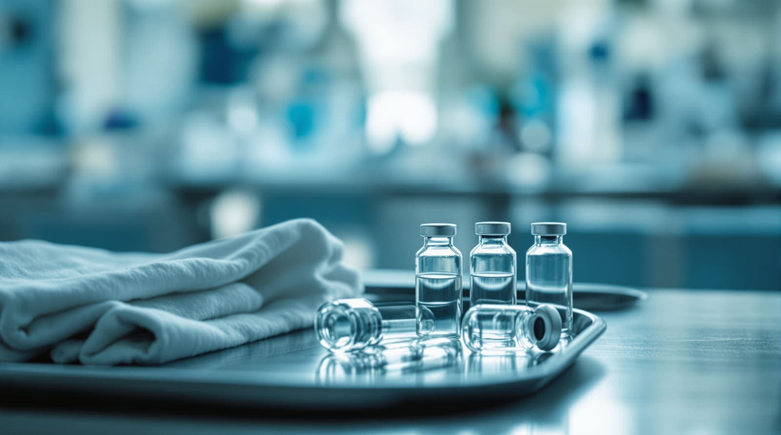 Illustration of small glass vaccine vials with silver caps on a stainless steel tray in soft clinic light.