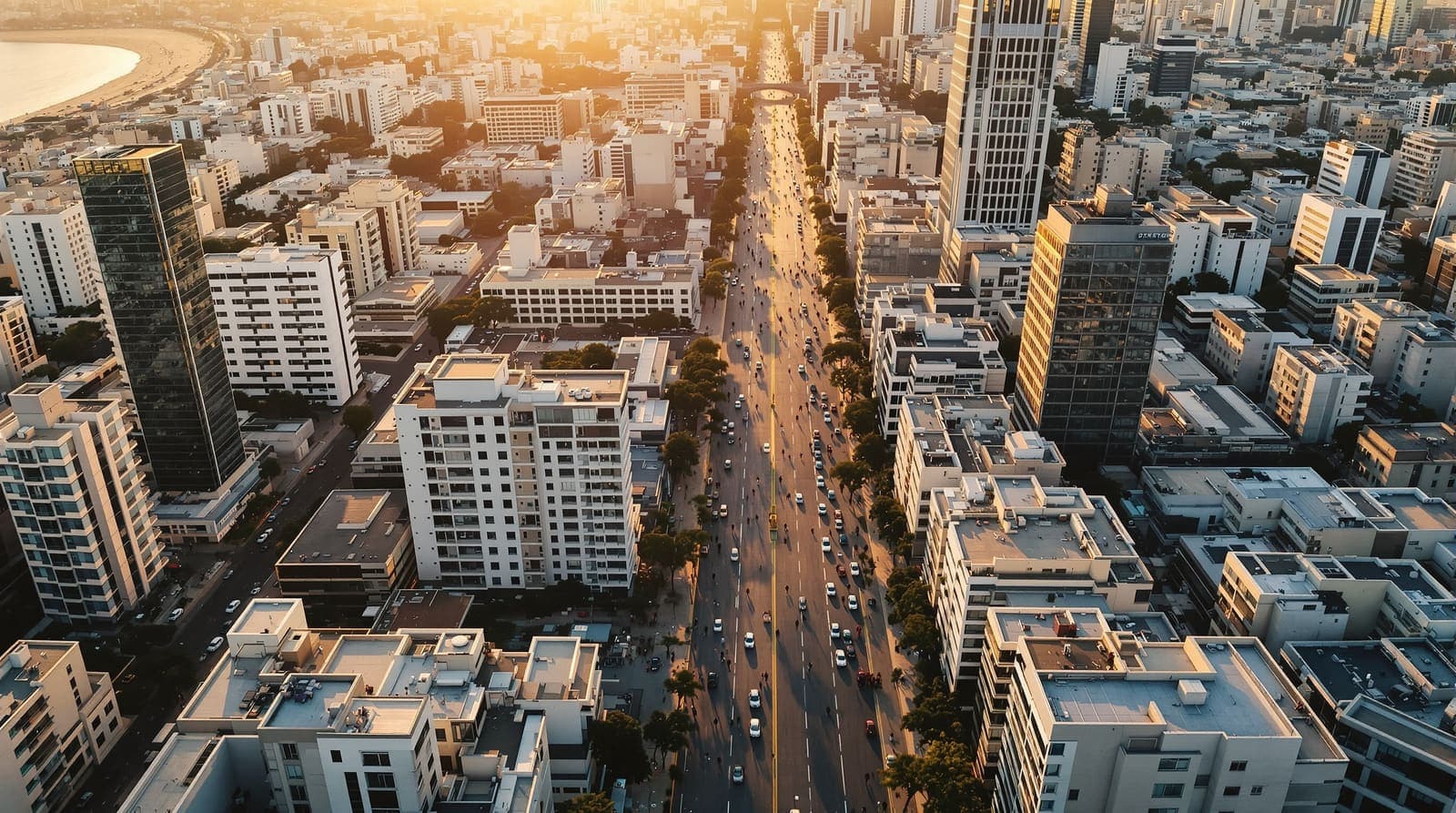 Illustration of a steep aerial view over Tel Aviv rooftops with crowds and cars filling a broad boulevard at golden hour.