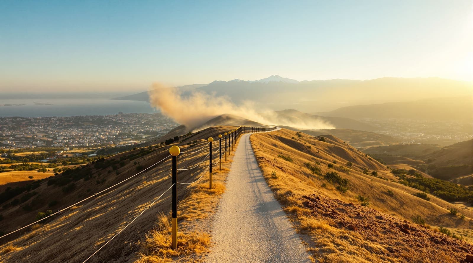 Illustration of a chain of yellow posts along a gravel track over southern Lebanon's ridges at golden hour, with a dust plume drifting far along the track.
