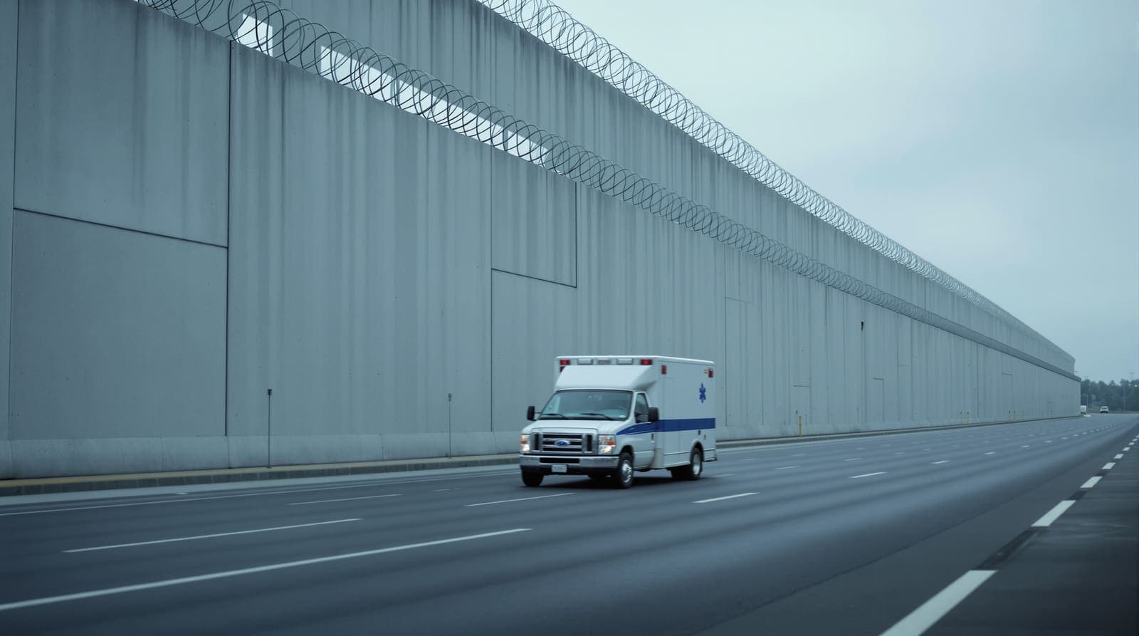 Illustration of an unmarked white ambulance on the approach lane of a grey concrete border-crossing terminal under an overcast sky.